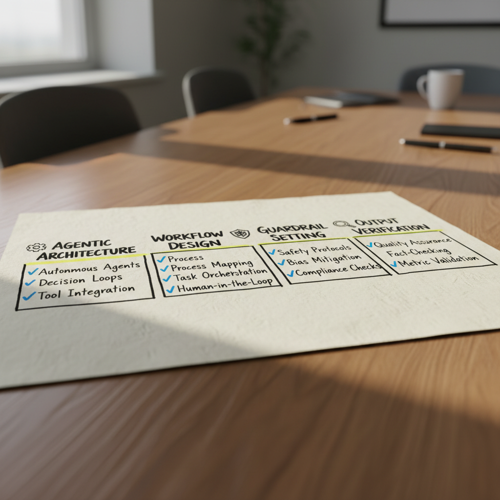 Hand-drawn paper infographic listing four pillars of AI agents training with handwritten notes and doodle icons