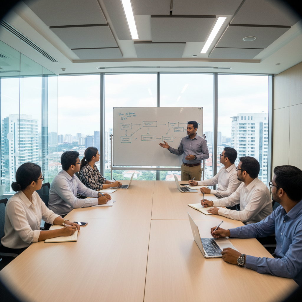 Corporate training room in Kuala Lumpur with a trainer leading a workshop and participants taking notes on laptops