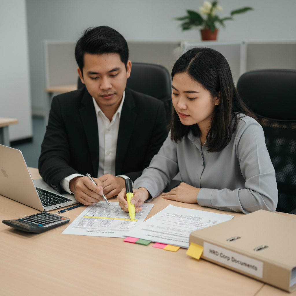 Finance and L&D officers reviewing indicative AI training cost ranges and funding documents at a desk