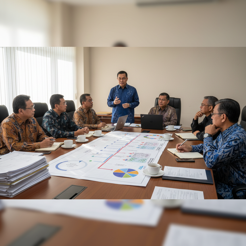 Senior officials reviewing an AI adoption roadmap and governance documents in a Malaysia government boardroom meeting