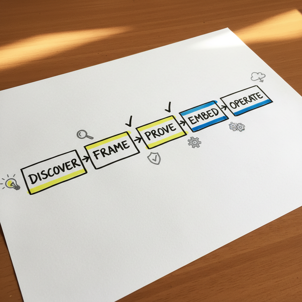Hand-drawn paper infographic showing five AI delivery stages: discover, frame, prove, embed and operate