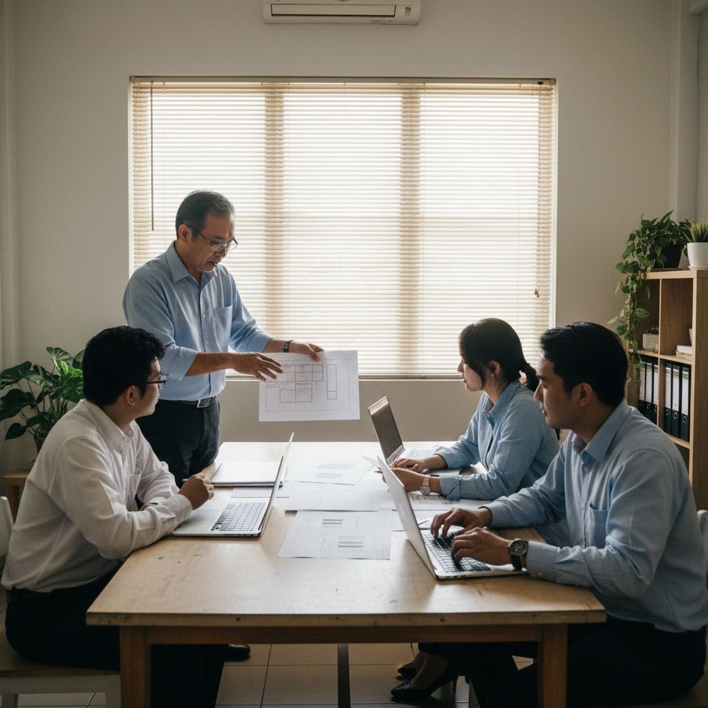 Small consulting team reviewing an AI centre of excellence team structure and workflow charts in an office
