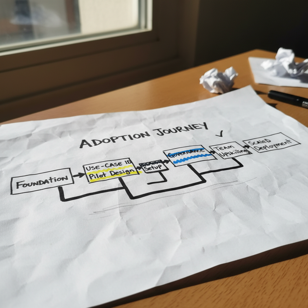 Hand-drawn six-step agentic AI adoption roadmap from foundation to scaled deployment with highlighted governance phase