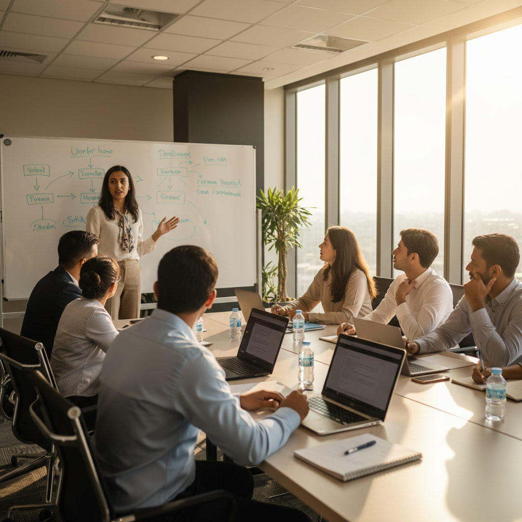 Corporate AI training session in Malaysia with trainer at whiteboard and professionals working on laptops in natural light