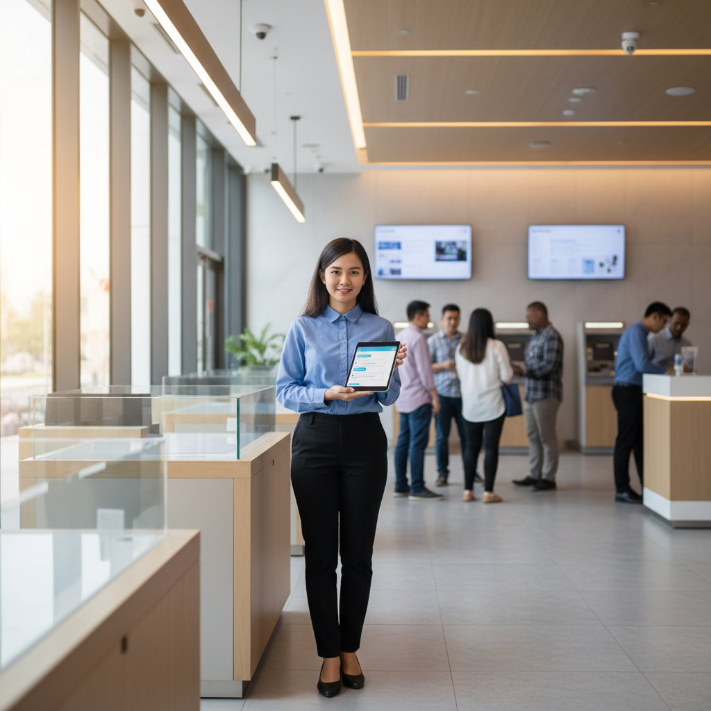 Malaysian customer service executive at a retail counter using a tablet with a chatbot interface, surrounded by shoppers in a modern store