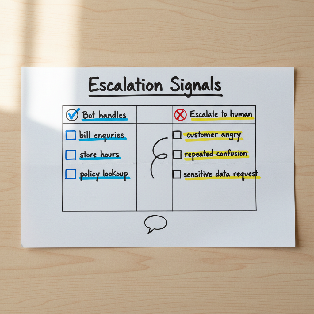 Hand-drawn paper infographic comparing chatbot-handled enquiries versus human escalation triggers for customer support teams