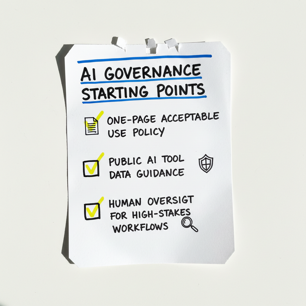 Hand-drawn paper checklist titled AI Governance Starting Points with three practical items checked off.