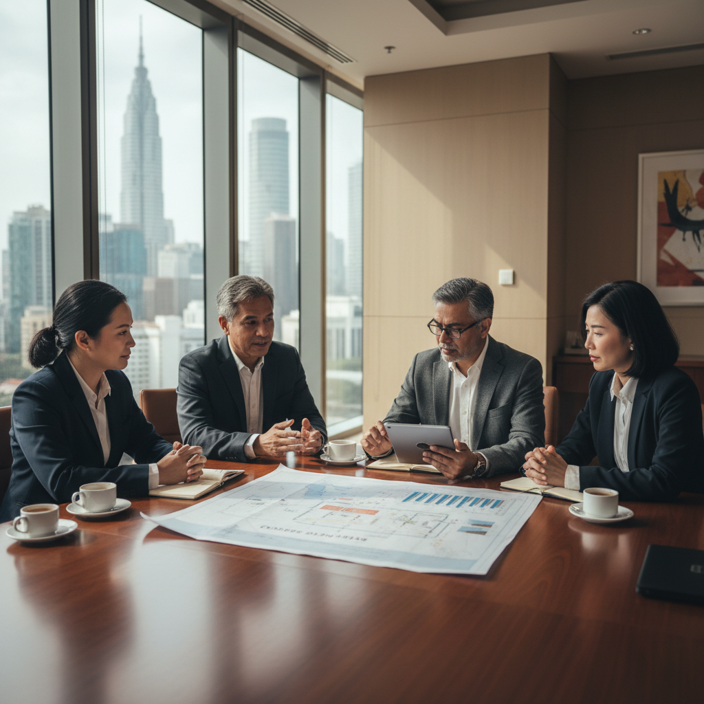 Four senior Asian professionals in a premium boardroom discussing an AI adoption strategy roadmap with printed documents and a tablet.