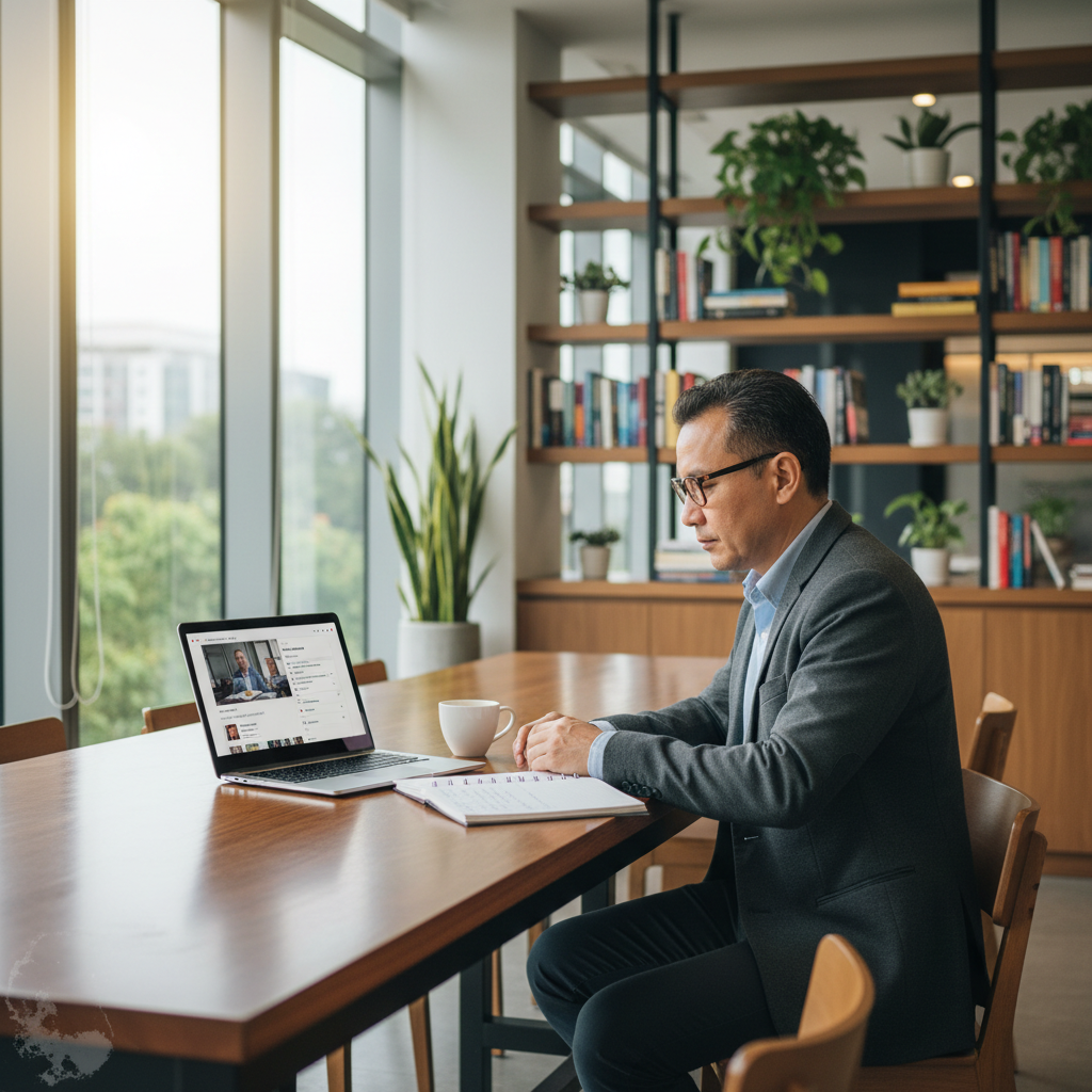Professional studying a free AI certificate course on a laptop in a modern office learning corner
