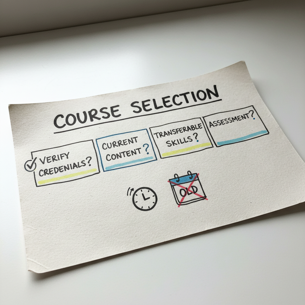 Hand-drawn paper checklist for choosing a useful free AI certificate course