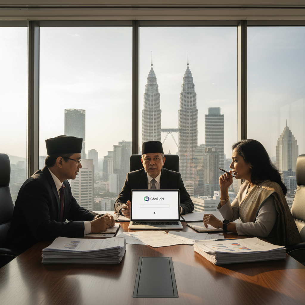 Senior Malaysian executives reviewing ChatGPT adoption strategy documents around a boardroom table in Kuala Lumpur