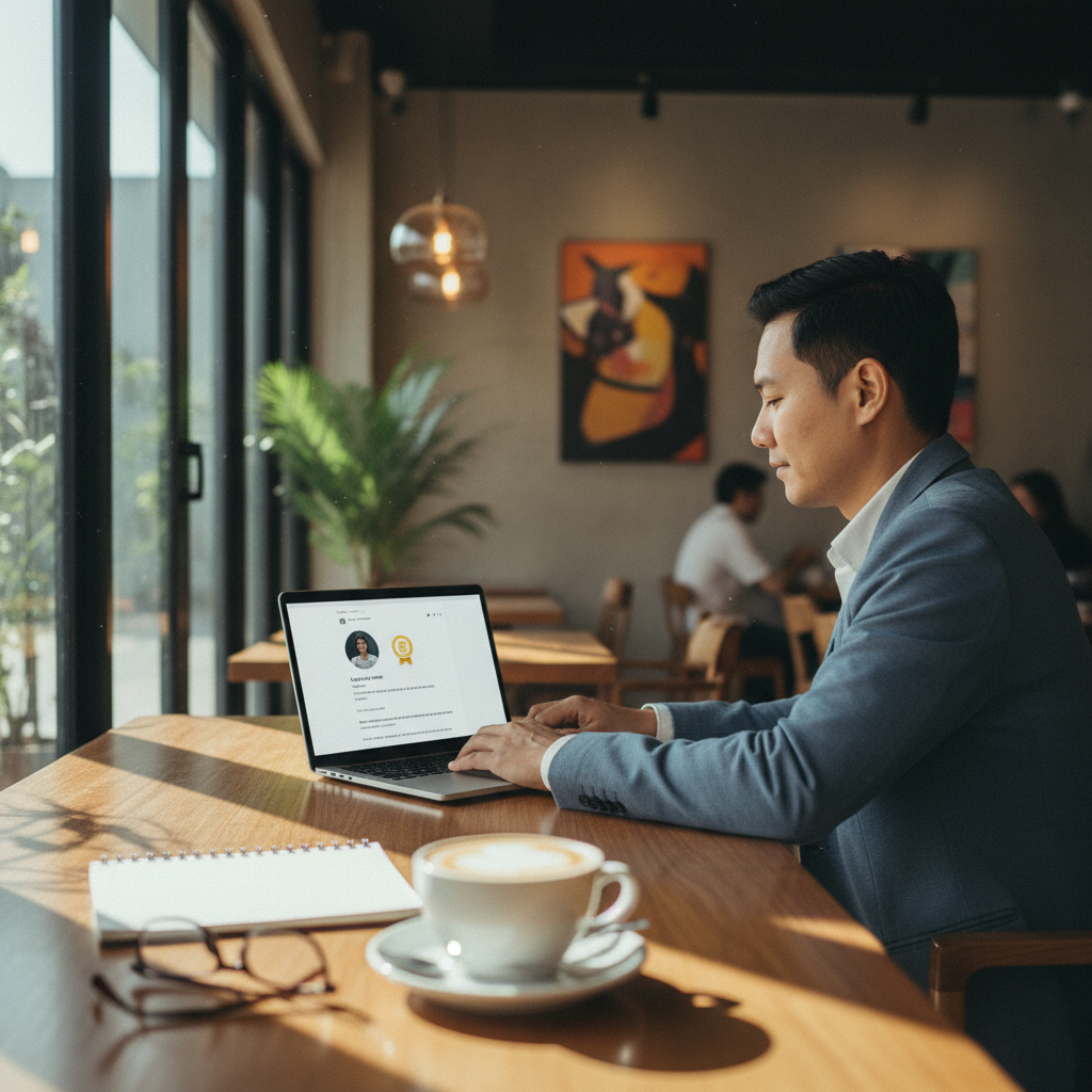 Professional reviewing a LinkedIn profile with AI course certificate badges on a laptop in a modern Malaysian cafe