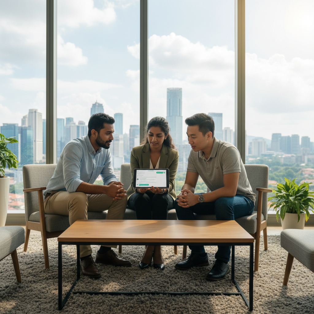 Three Malaysian professionals in a modern co-working space in Kuala Lumpur discussing ChatGPT use on a tablet during a casual business meeting.