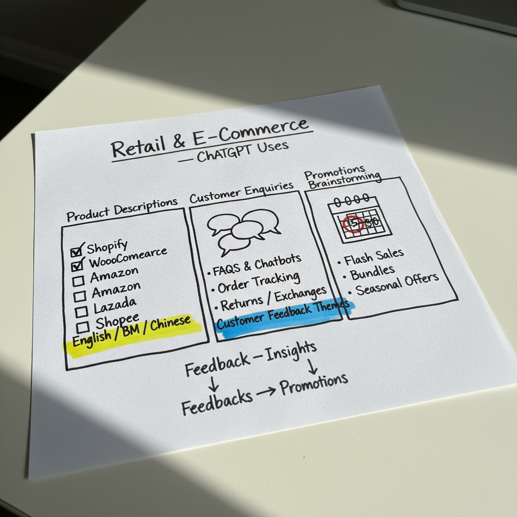 Hand-drawn paper infographic showing ChatGPT use cases for retail and e-commerce including product descriptions and customer feedback analysis.