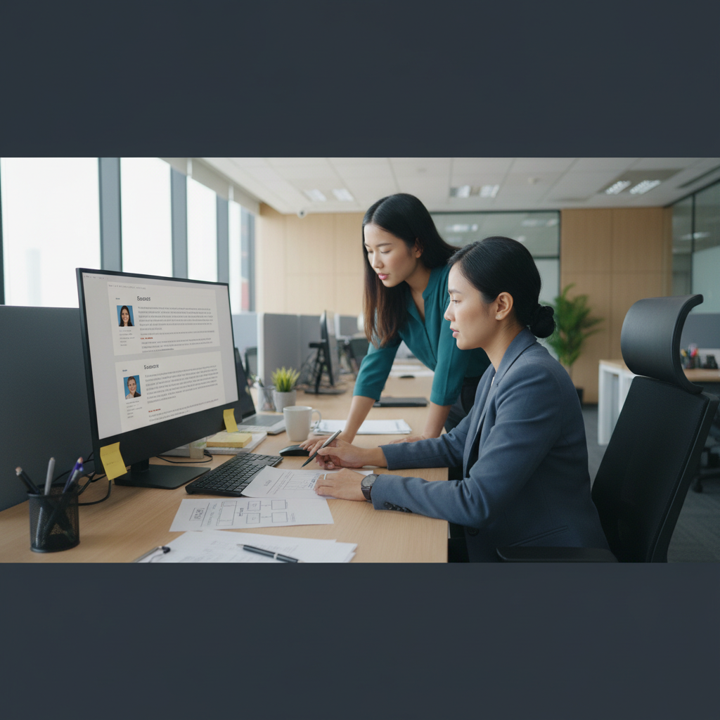 HR manager reviewing AI-assisted candidate shortlist with a colleague at an office desk