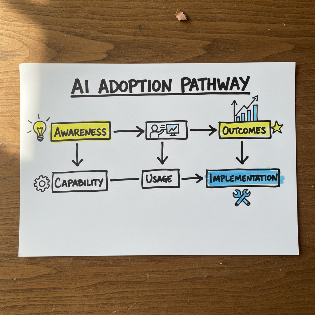 Hand-drawn paper infographic showing an AI adoption pathway with steps from Awareness to Implementation.