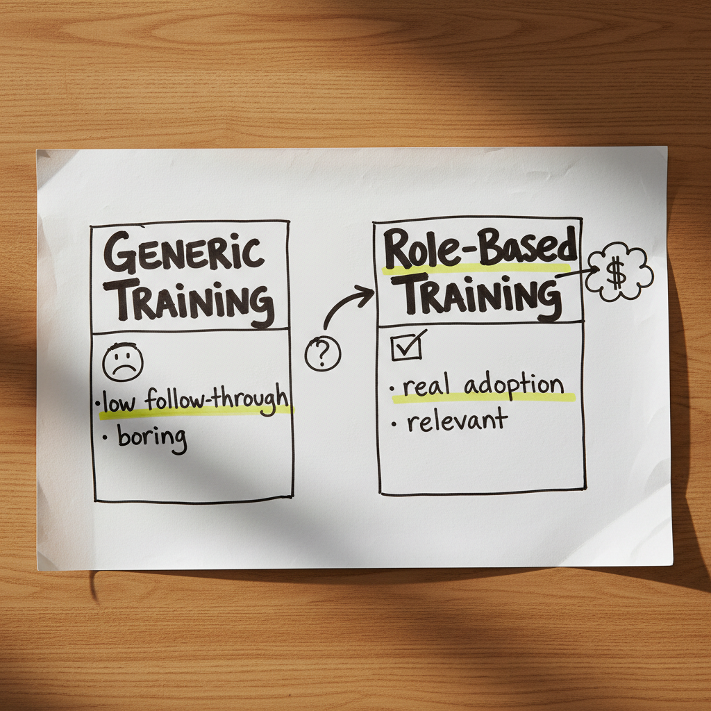 Hand-drawn comparison cheat sheet showing generic AI training versus role-based AI training with doodles, checkmarks and highlighter accents.