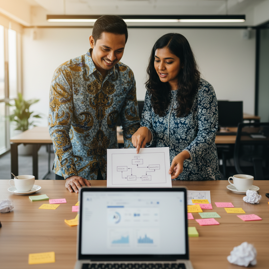 Two Malaysian professionals reviewing workflow diagrams and AI use-case ideas during a corporate training session.
