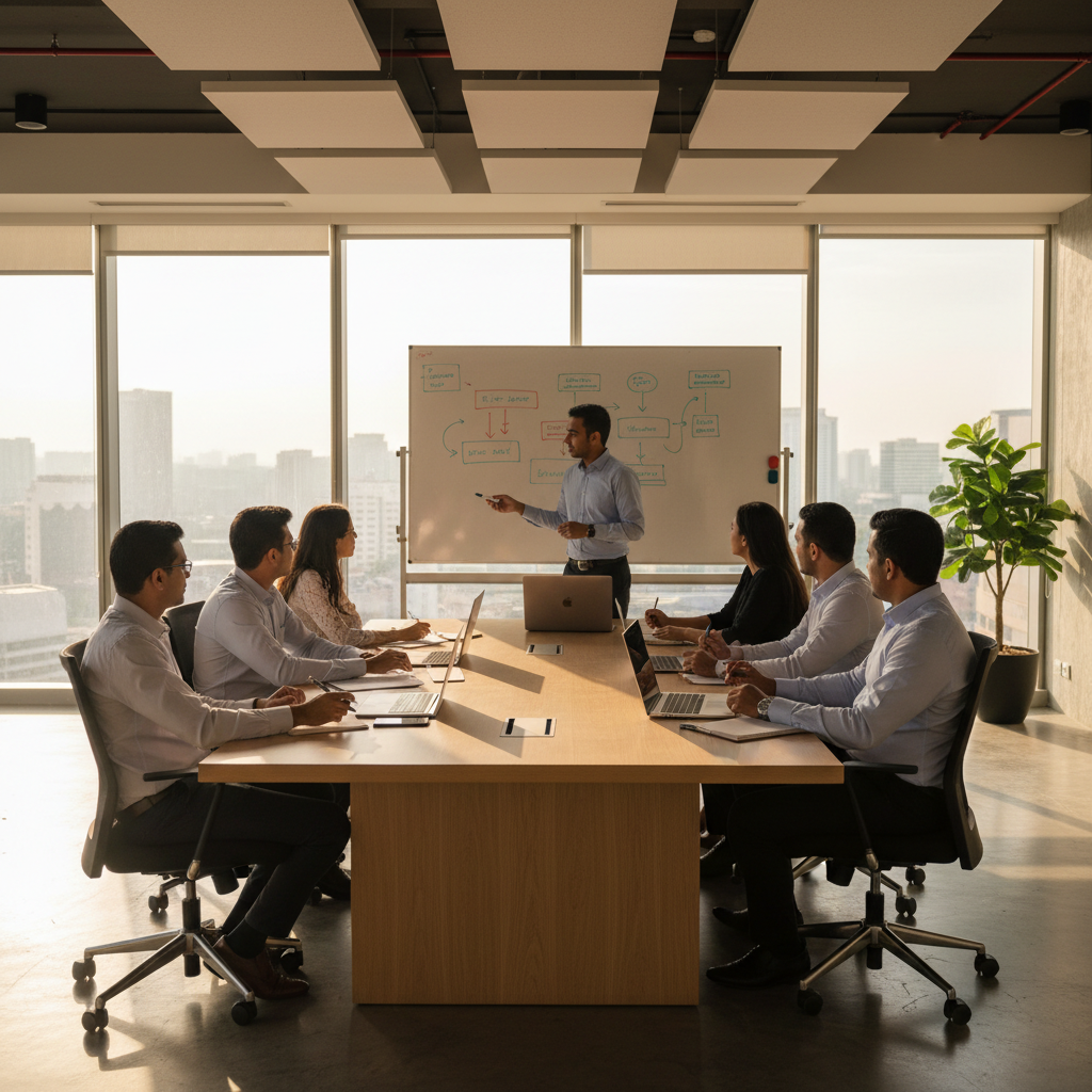 Corporate AI training session in a modern Malaysian training room with professionals gathered around laptops and a trainer by a whiteboard.