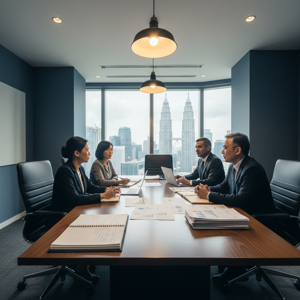 Senior Malaysian business leaders in a premium boardroom discussing AI adoption strategy with documents and laptops