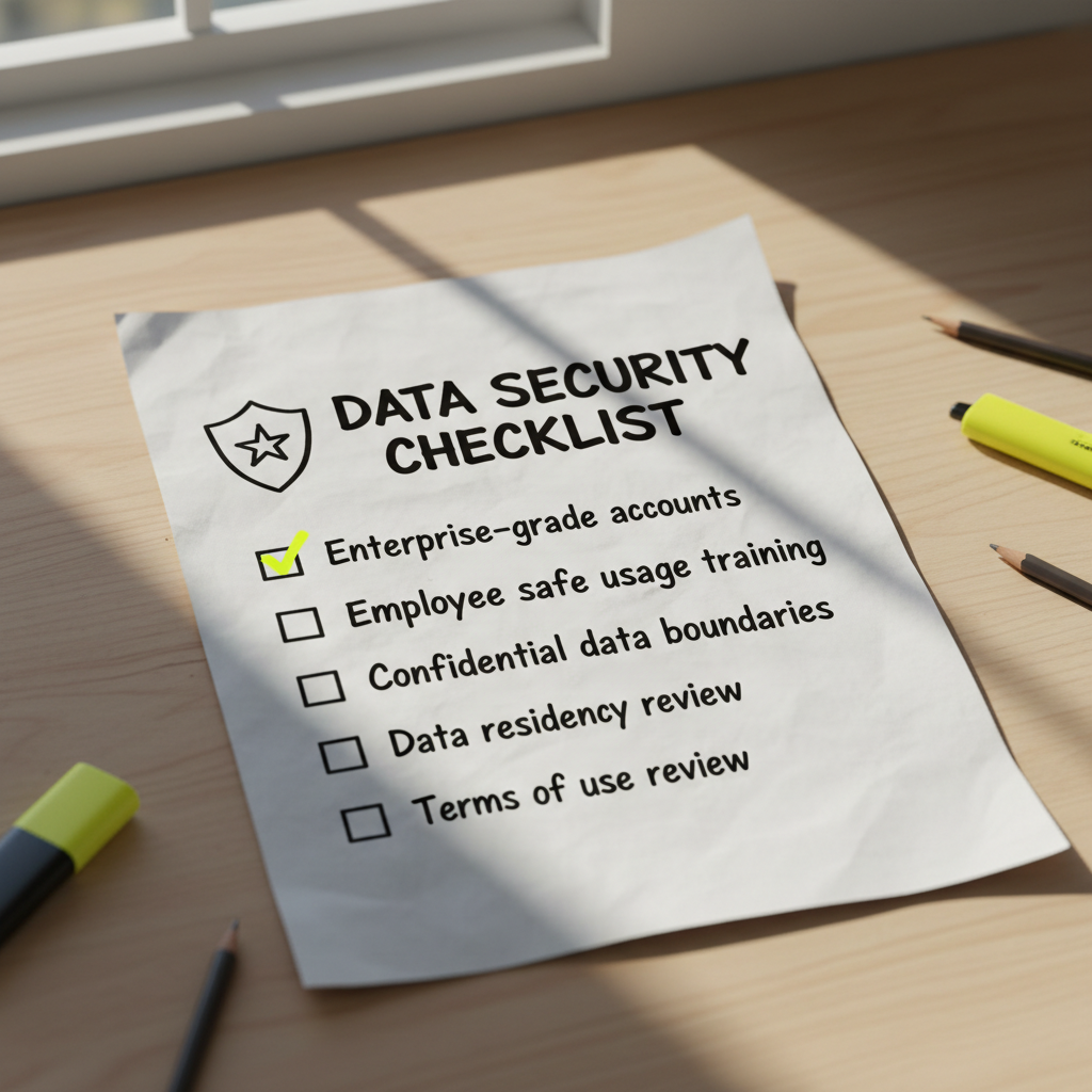 Hand-drawn paper checklist infographic for enterprise AI data security measures with ticked boxes and shield doodle