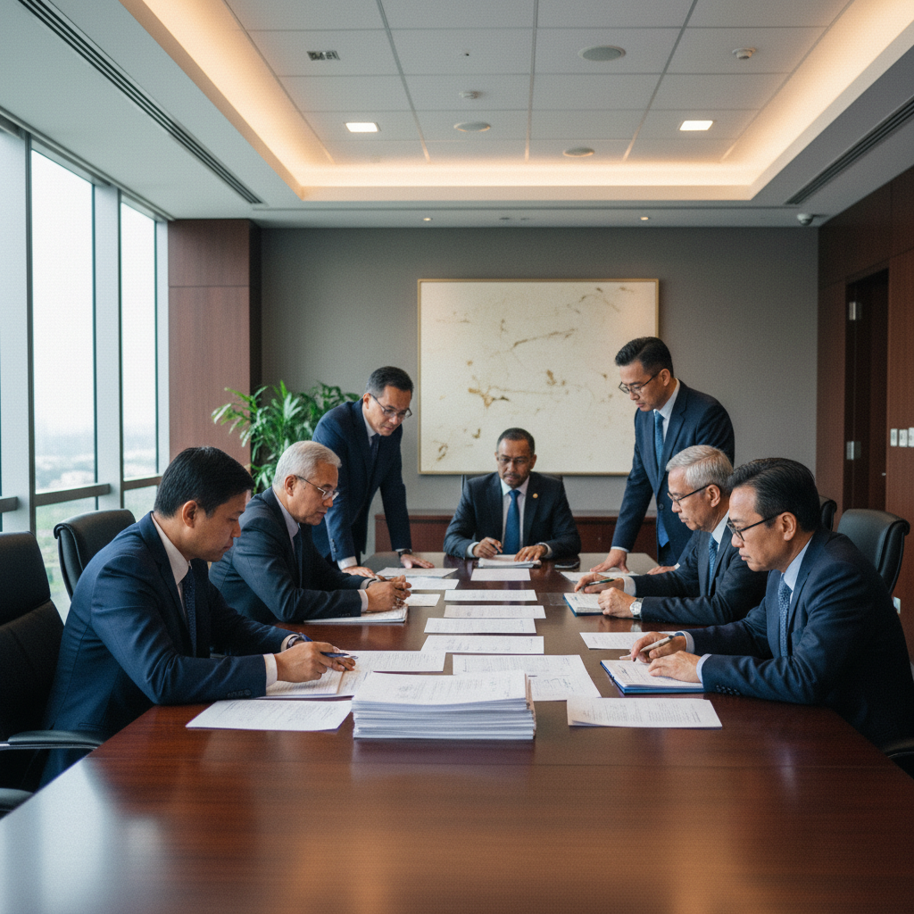 Malaysian senior executives reviewing an AI adoption strategy roadmap in a premium boardroom
