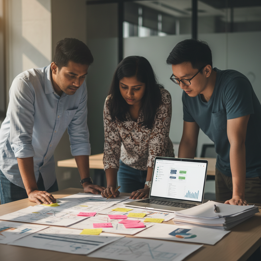 Malaysian team mapping a custom AI workflow with process maps, sticky notes and a laptop dashboard