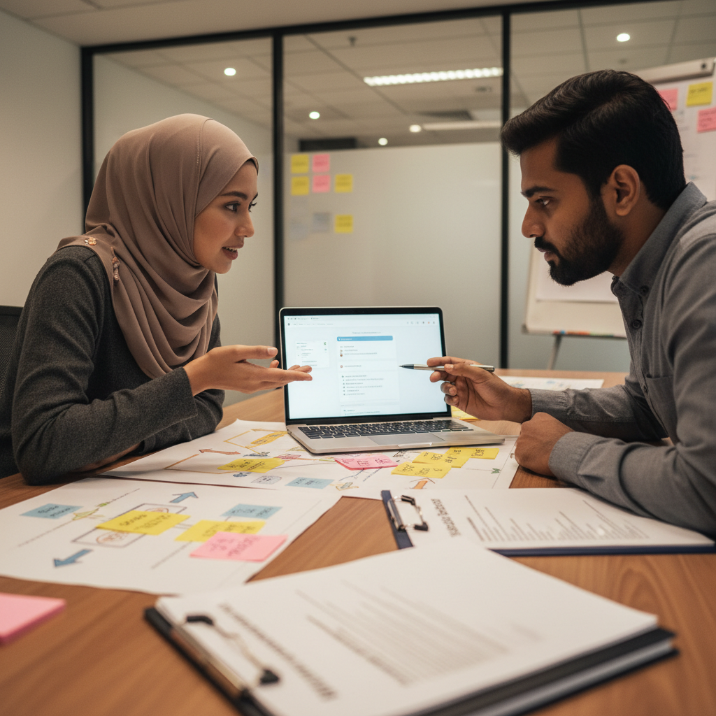 Two professionals collaborating on a custom AI chatbot workflow with sticky notes and process maps on a meeting table