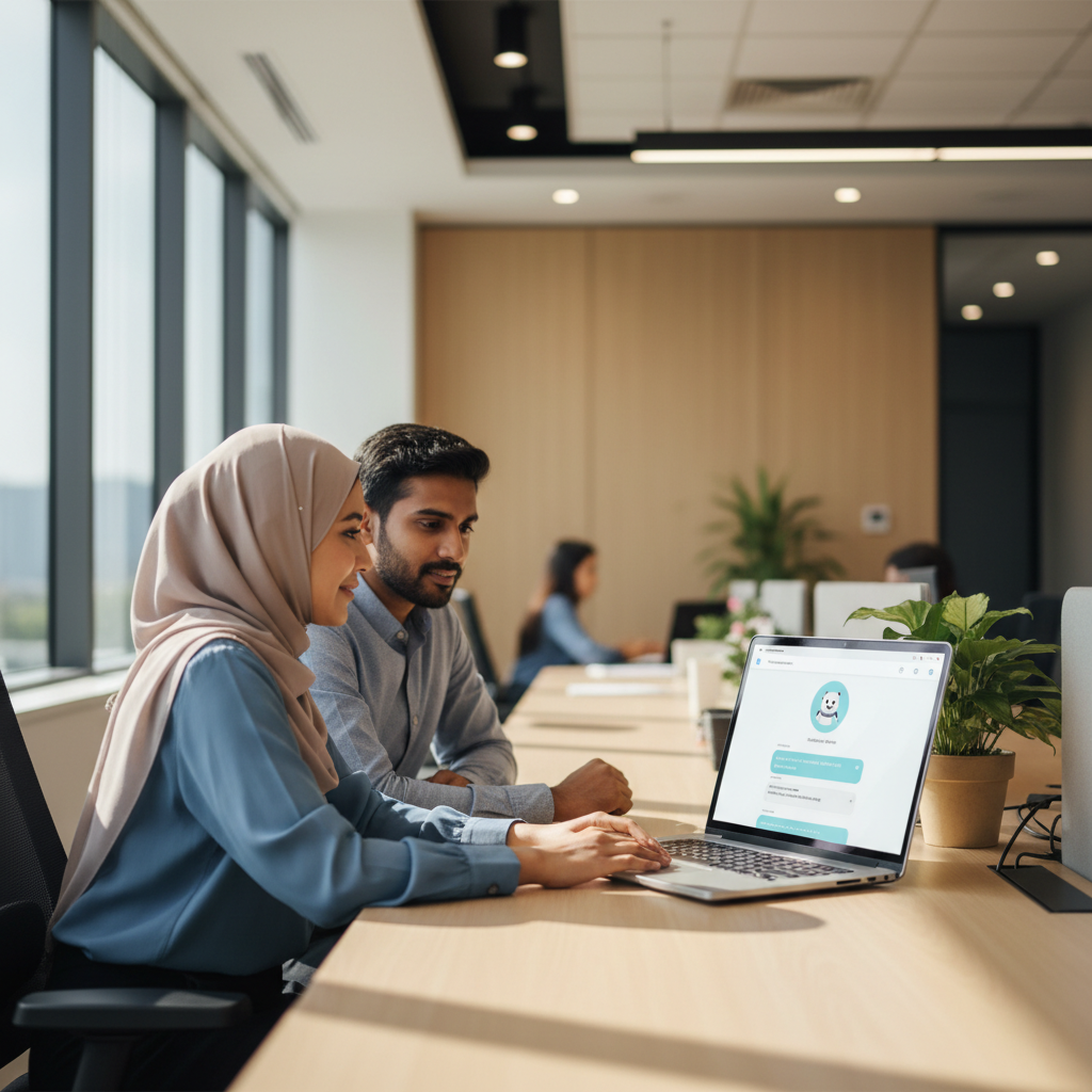 Two customer service professionals reviewing an AI chatbot interface on a laptop in a modern Malaysian office setting