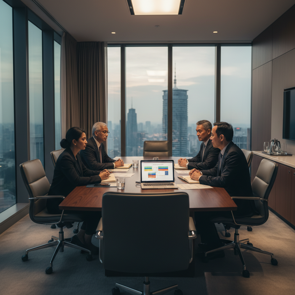 Senior enterprise leaders in a boardroom reviewing strategy papers and a laptop with an AI adoption roadmap during a transformation consultation.