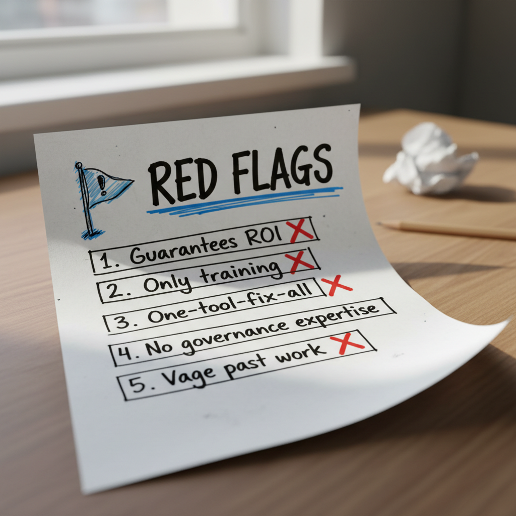 Hand-drawn paper infographic listing five red flags when hiring an AI consultant: guaranteed ROI, training-only approach, one-tool-fix-all claims, missing governance expertise and vague past work.
