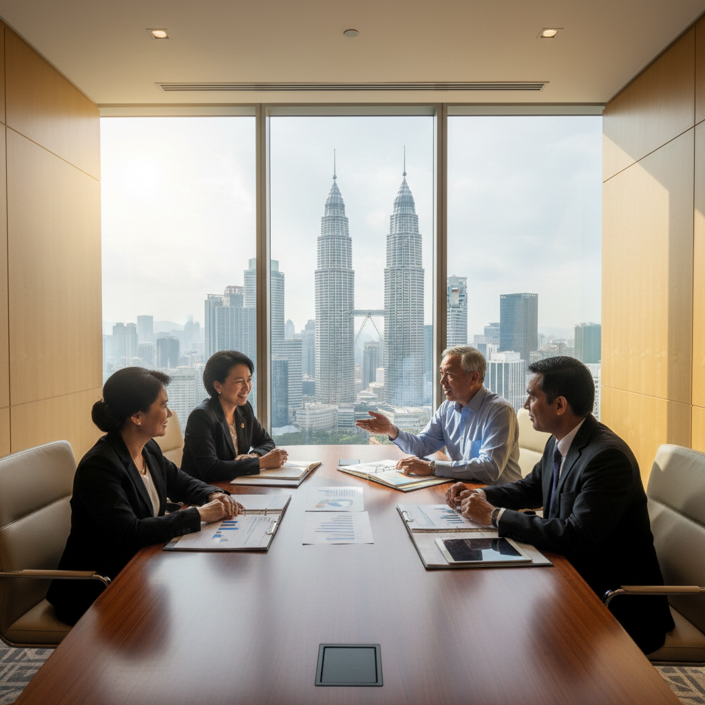 Senior Malaysian business leaders in a premium boardroom reviewing strategy documents during an AI advisory discussion.