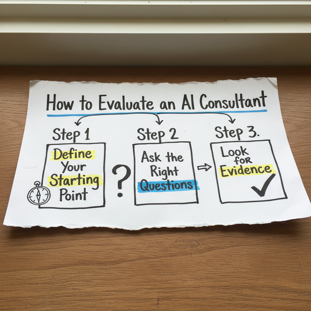 Hand-drawn three-step paper framework for evaluating AI consultants covering starting point, key questions and evidence review.