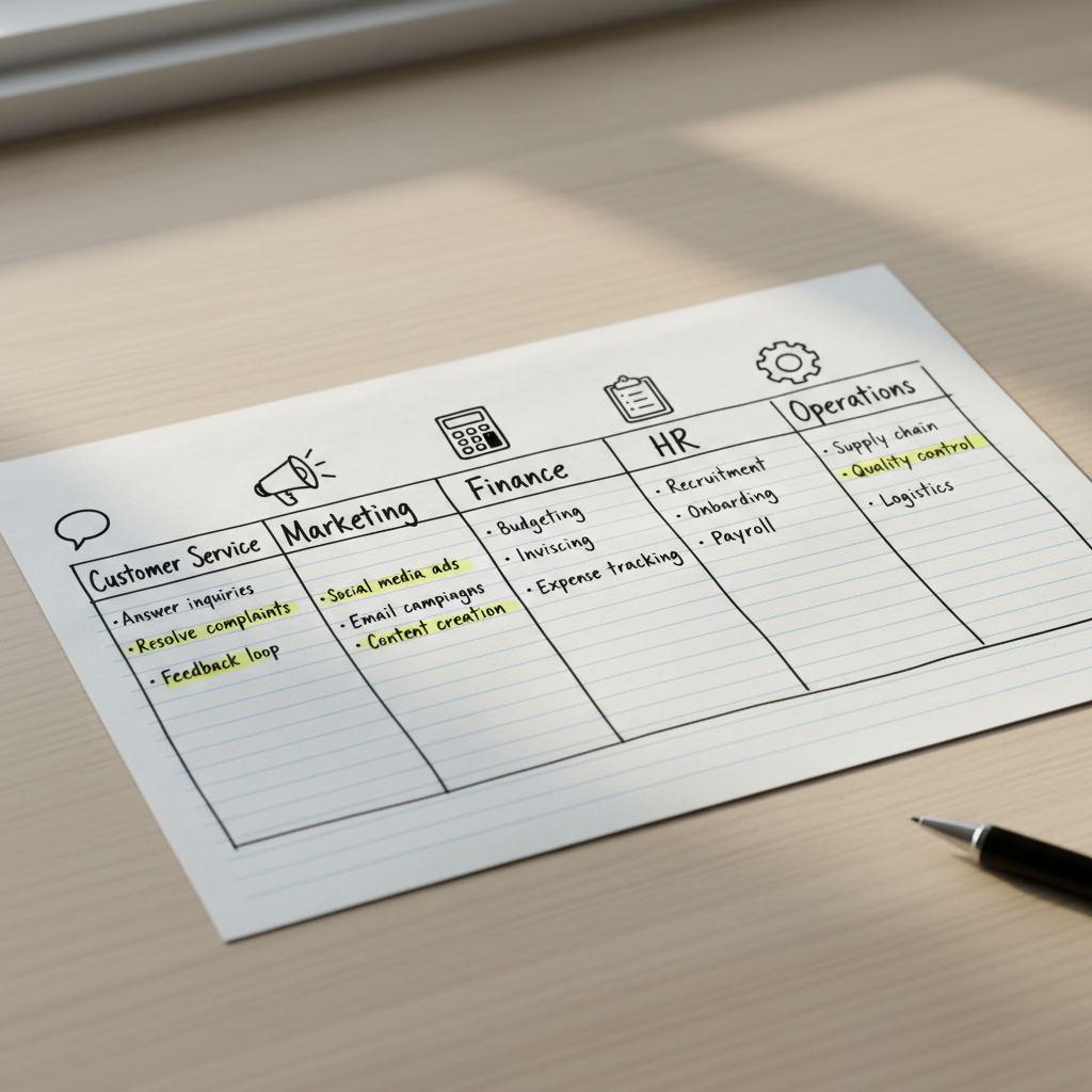 Hand-drawn paper infographic showing team-level AI workflow examples for customer service, marketing, finance, HR and operations teams.