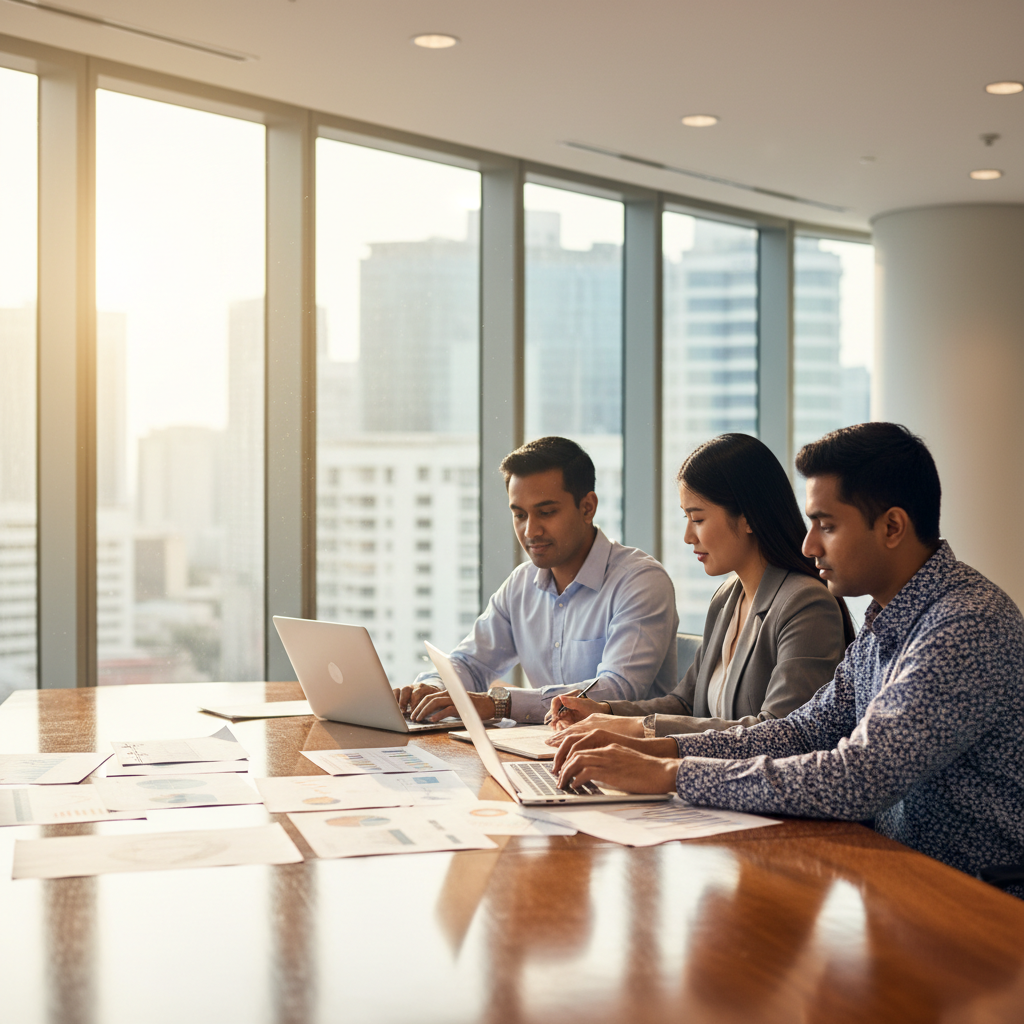 Diverse Malaysian business professionals collaborating in a modern boardroom with laptops and strategy papers for ChatGPT adoption planning.