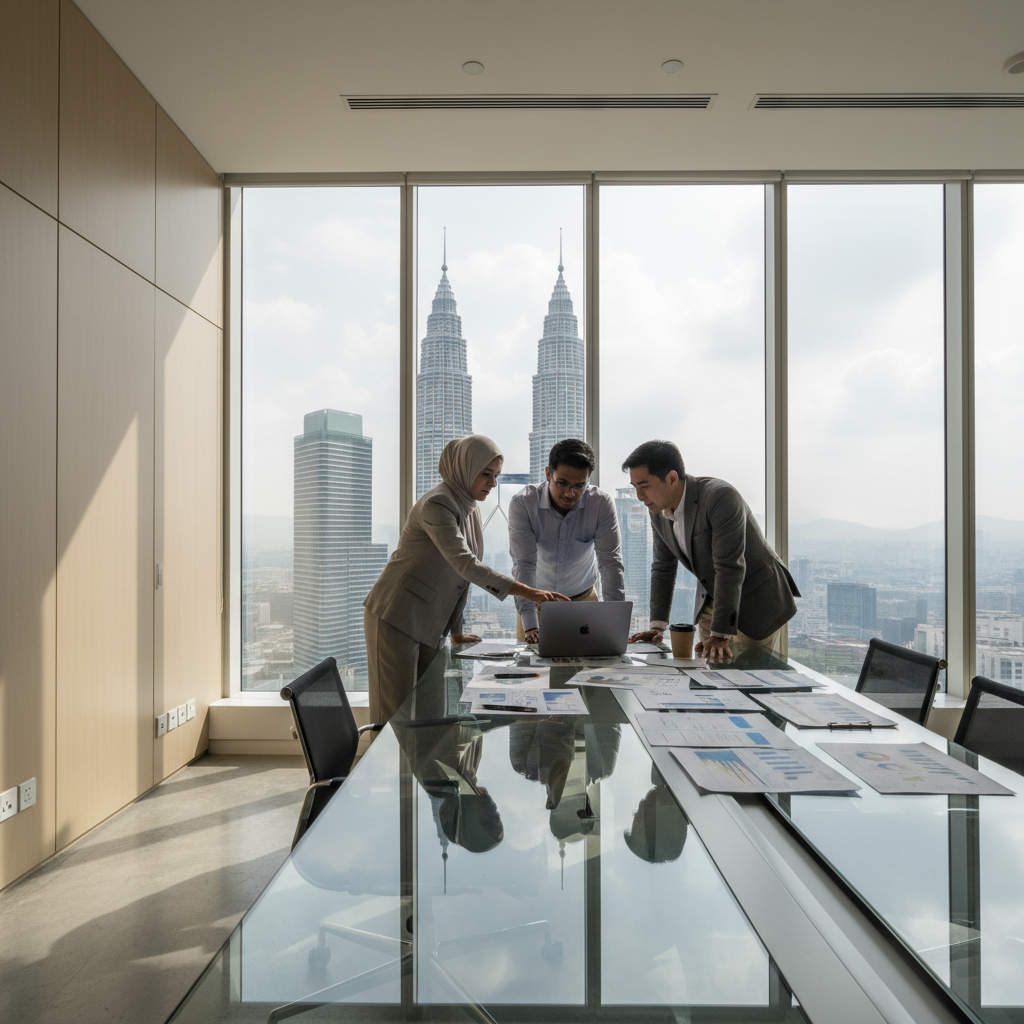 Three business professionals in a modern Kuala Lumpur office reviewing documents and a laptop together near a window with city skyline view