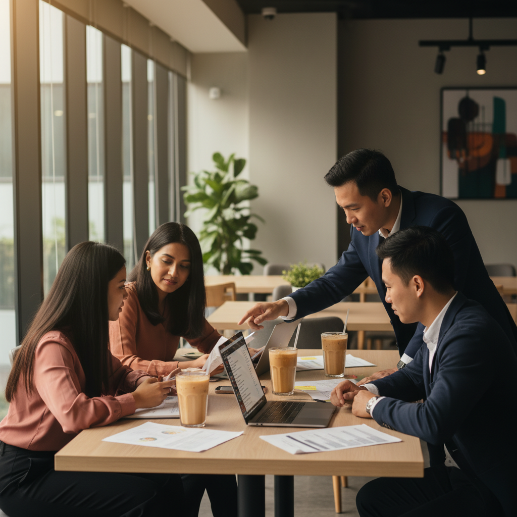 Malaysian office team comparing AI chat app usage on laptops during a work meeting