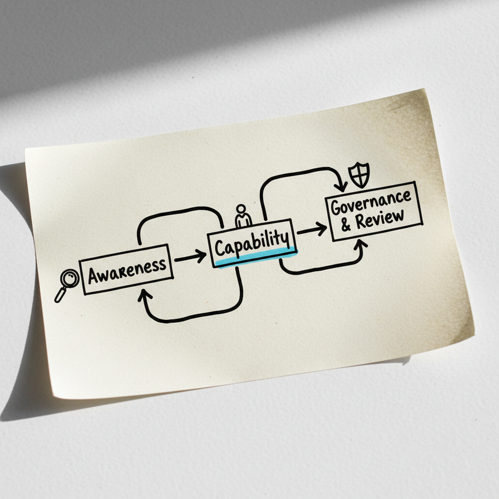 Hand-drawn workflow sketch showing AI readiness from awareness to governance and review