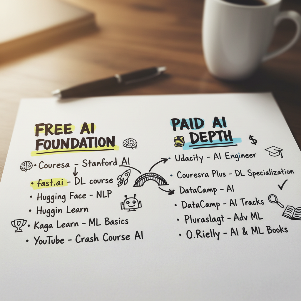 Hand-drawn comparison sheet contrasting free agentic AI courses for foundations with paid courses for depth