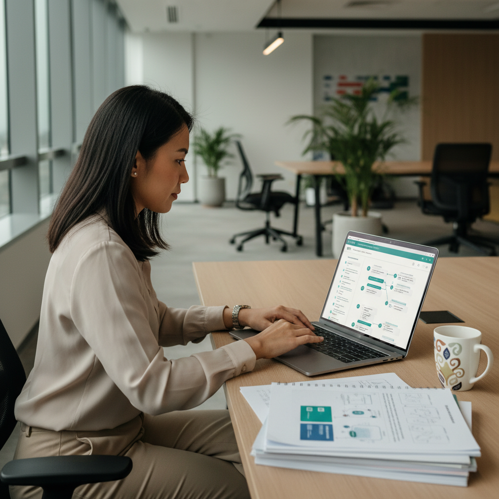 Professional learning agentic AI workflows on a laptop in a modern office with printed course notes