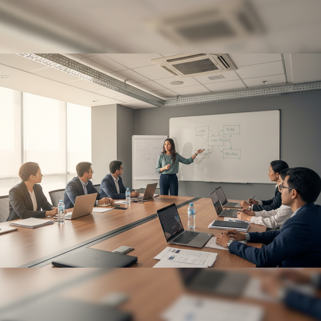 Corporate AI agent training workshop with trainer and professionals reviewing a hand-drawn workflow on a whiteboard
