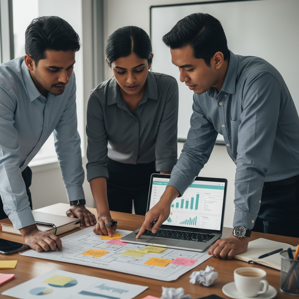 Consultants and client team working through AI workflow maps and dashboards at a project table