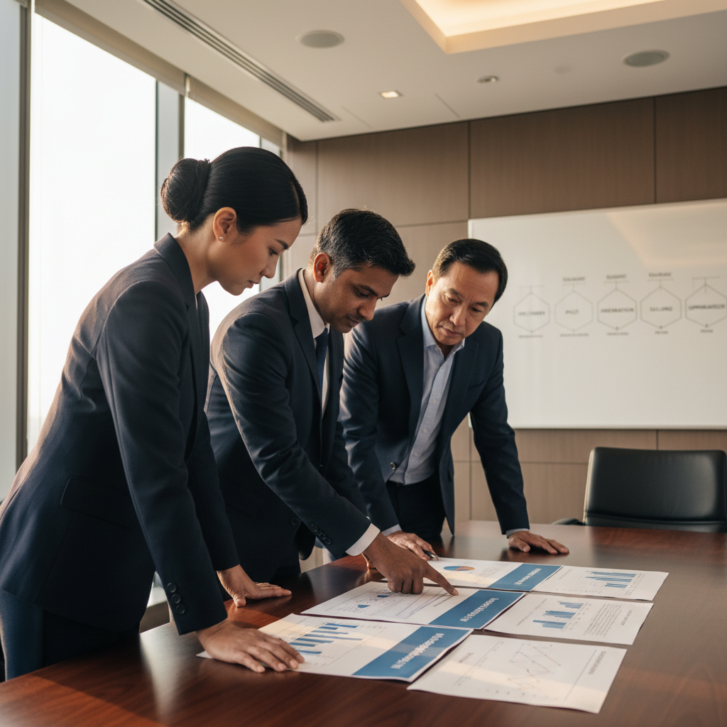 Senior Asian executives reviewing an AI adoption roadmap and strategy papers in a premium Malaysian boardroom