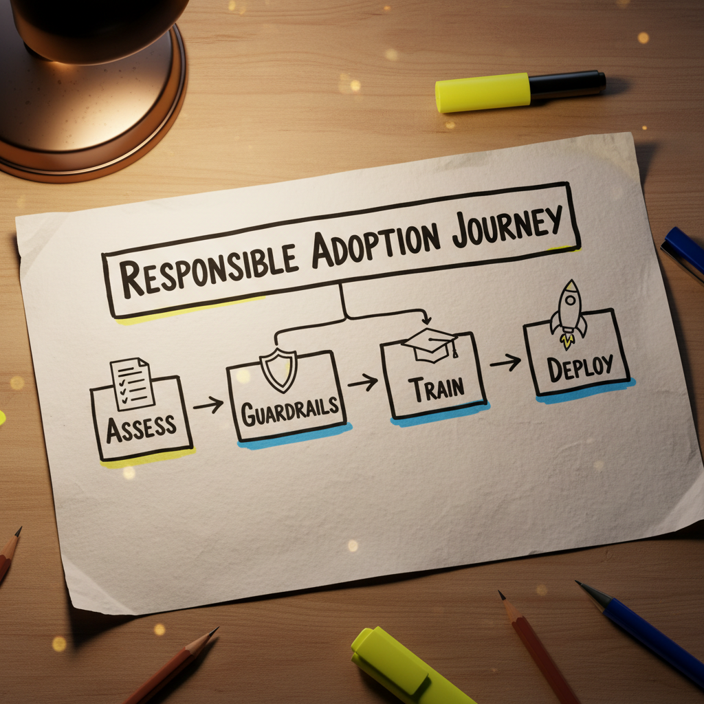Hand-drawn paper infographic showing a four-step responsible AI adoption journey for Bahasa Melayu ChatGPT