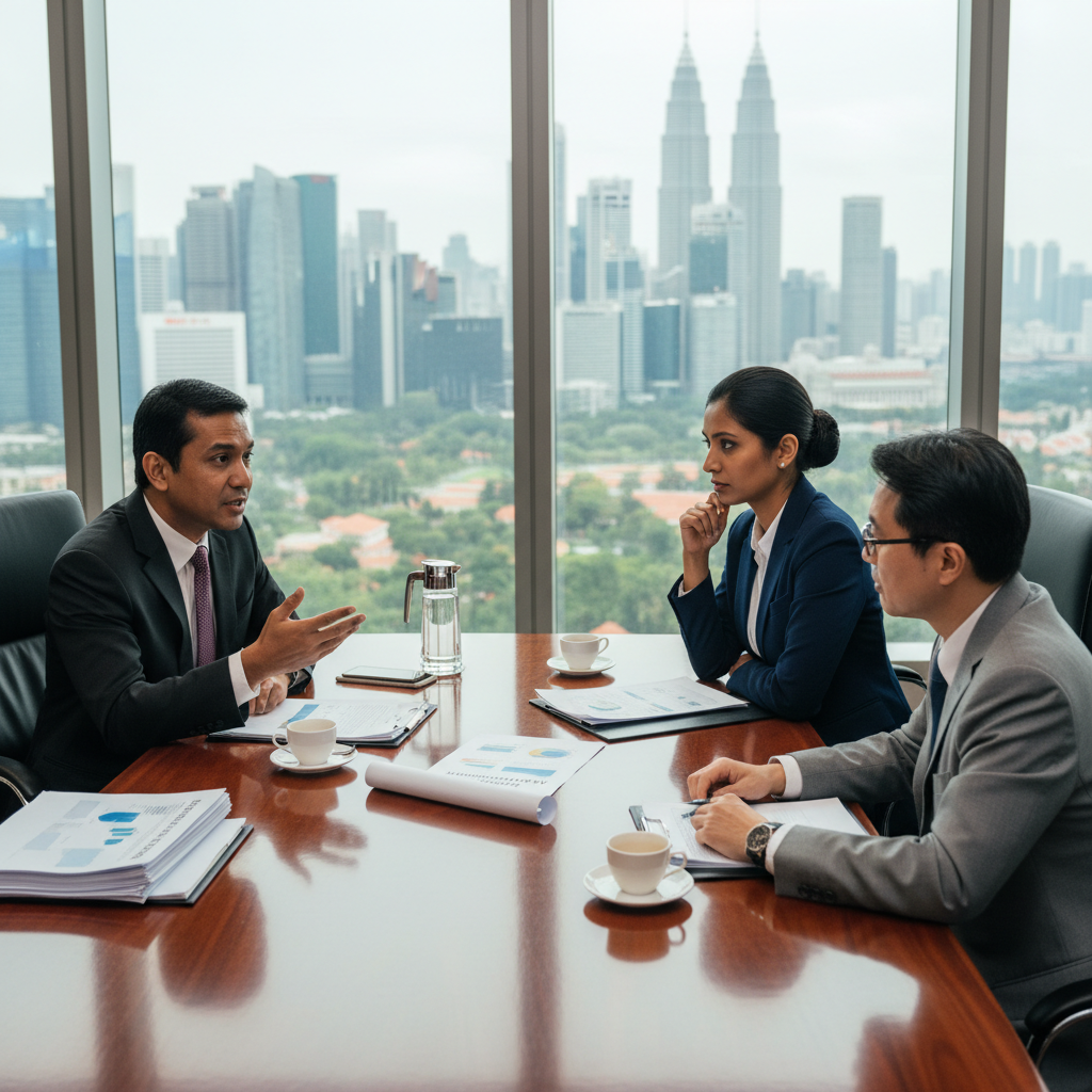 Senior Southeast Asian executives in a boardroom discussing an AI adoption roadmap with printed strategy papers