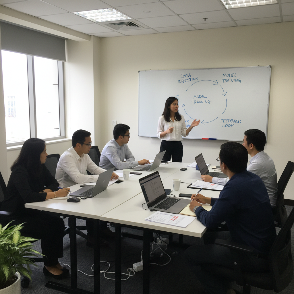 Facilitator leading a small practical AI training session with six professionals using laptops in Malaysia