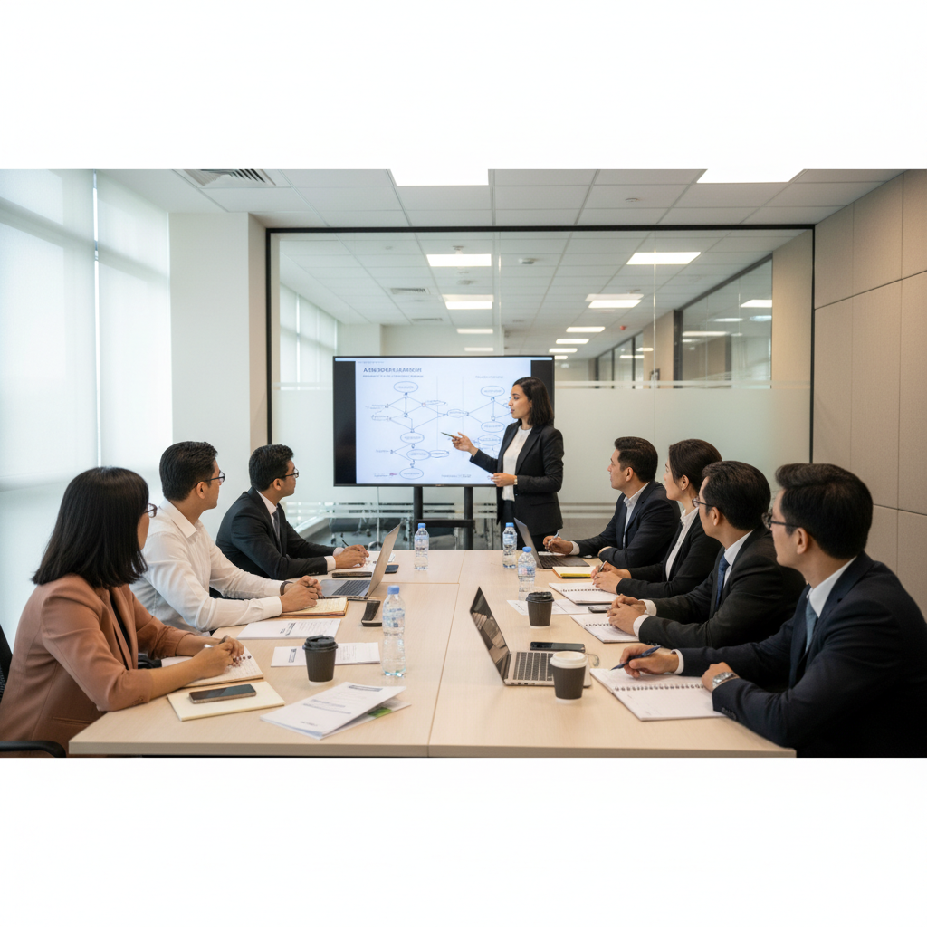 Corporate AI automation training session with a facilitator and professionals sketching workflows on a whiteboard