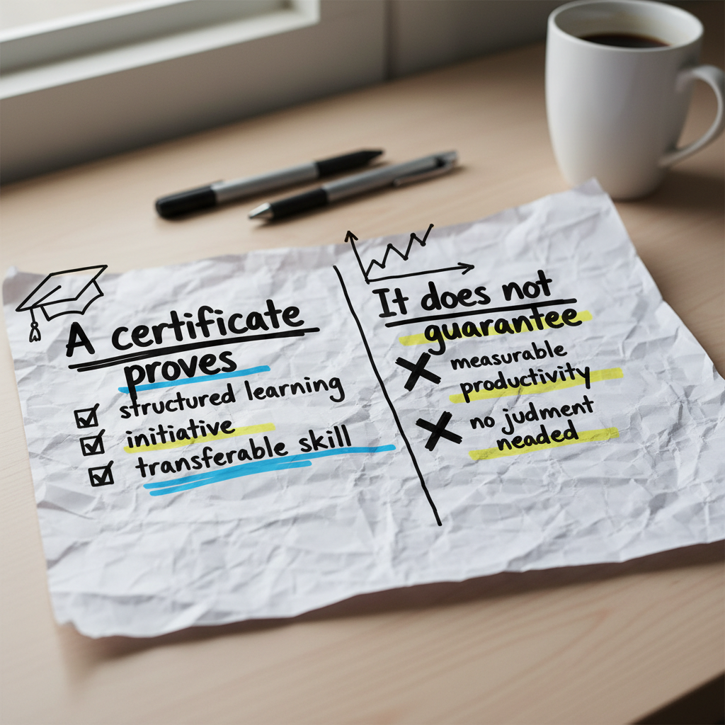 Hand-drawn comparison skimming what an AI certificate proves versus what it does not guarantee