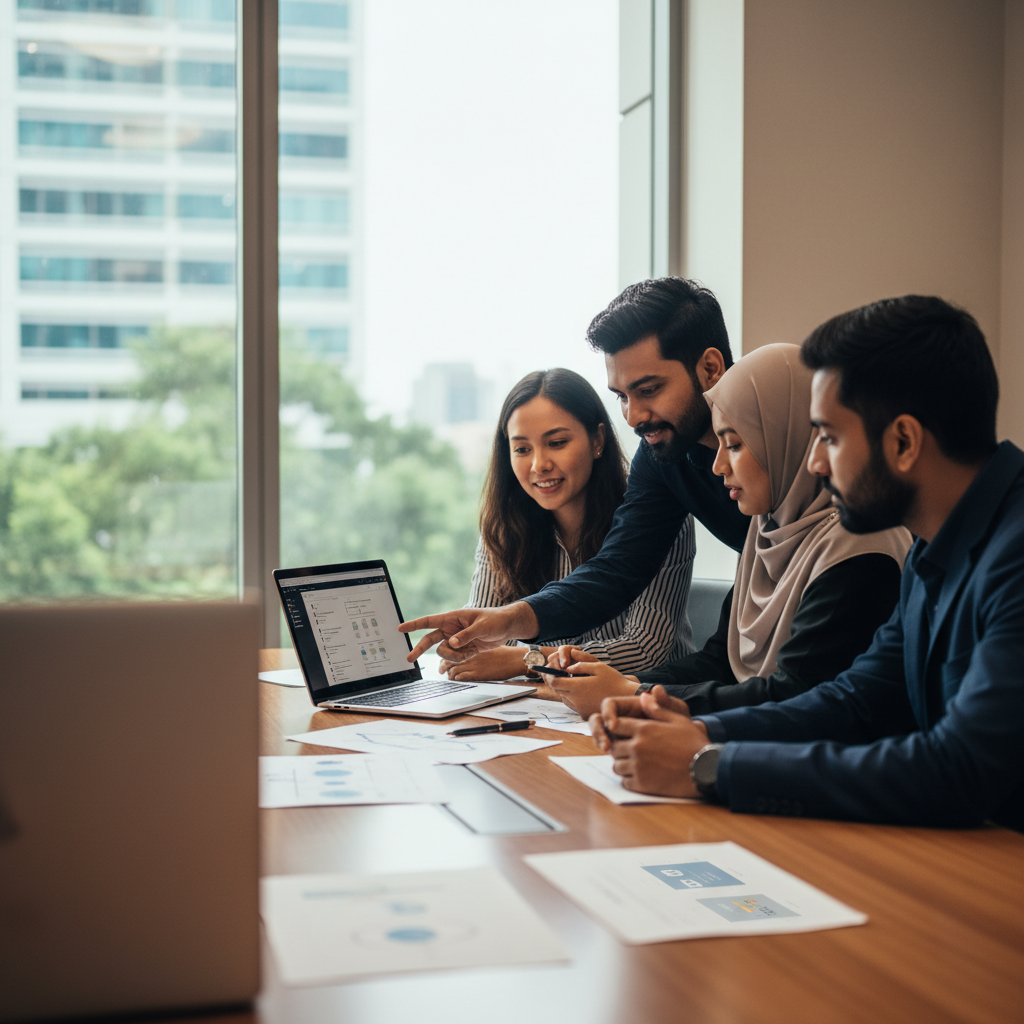 Malaysian professionals reviewing an AI adoption workflow guide with a local partner during a training session