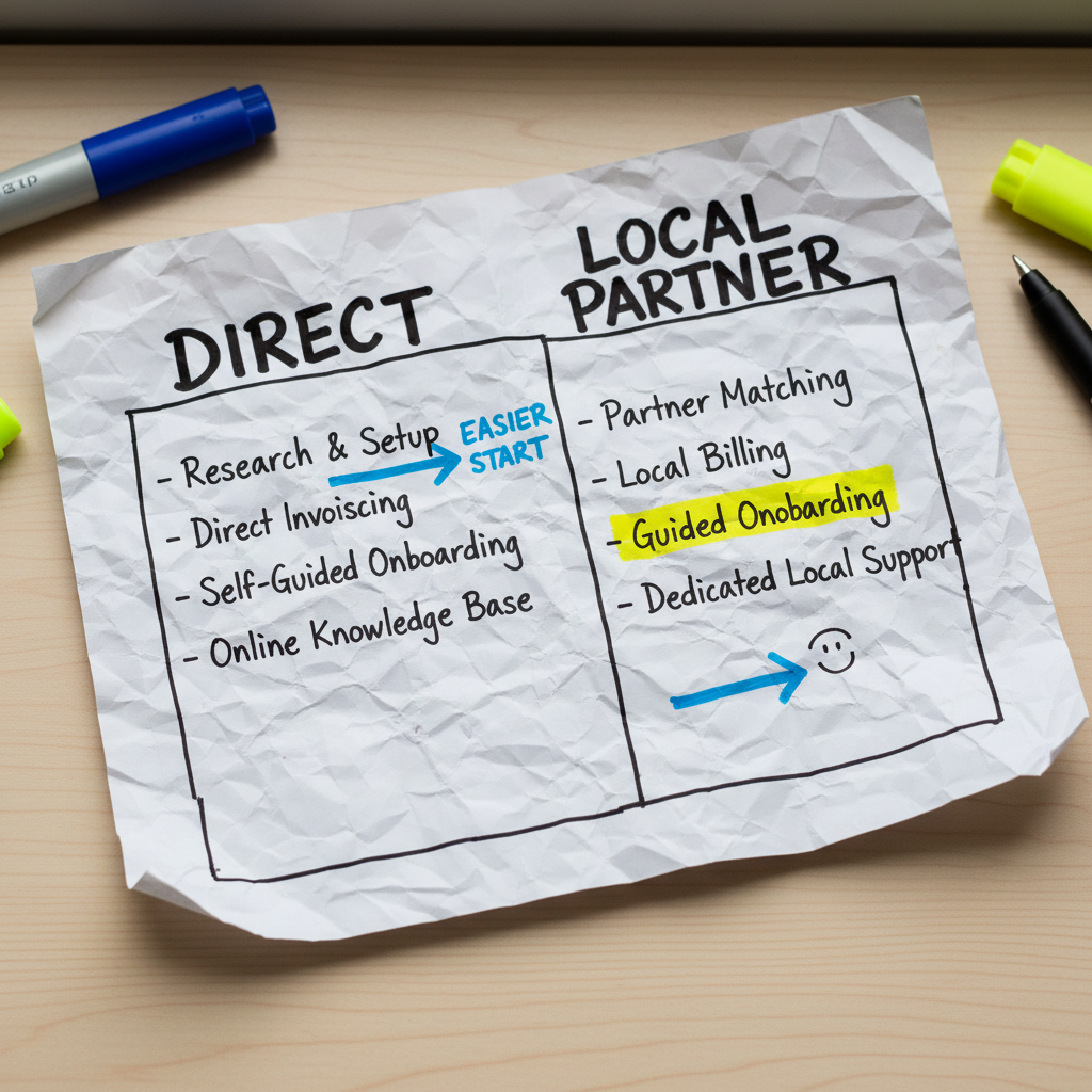 Hand-drawn comparison cheat sheet of going direct versus working with a local ChatGPT partner